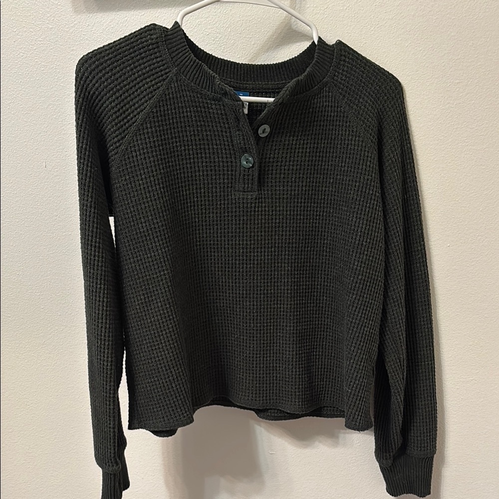 Women's Green Waffle Knit Henley Sweater